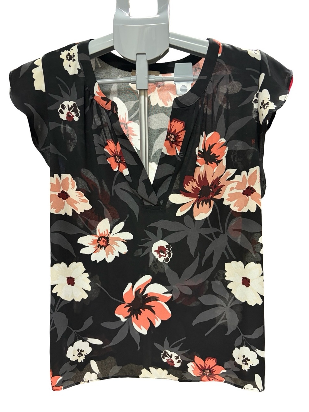 LOFT Black Floral Cap-Sleeve V-Neck Top with Coral and Cream Flowers
